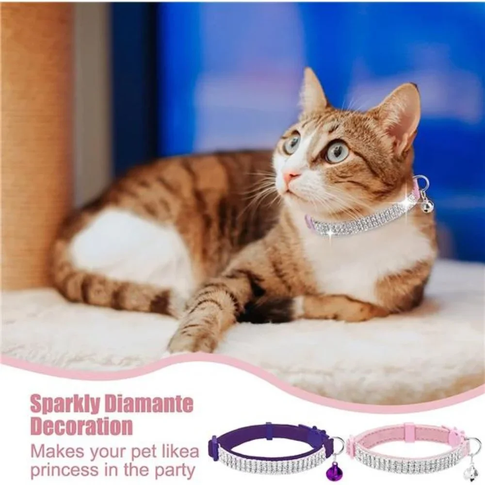 Soft Velvet Safe Cat Collars for Girl Cats -2 Pack Rhinestones Bling Diamante